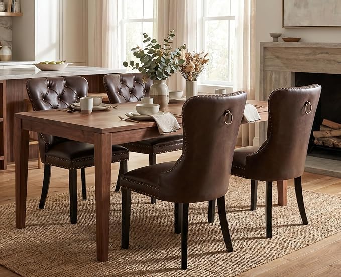 EALSON Modern Dining Chairs Set of 2 Mid Century Leather Dining Room Chairs with Wood Legs Tufted Upholstered Kitchen Side Chairs with Nail Head Trim for Dining Room/Living Room, Coffee with Ring