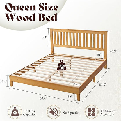 AMERLIFE Queen Size Bed Frame, Solid Wood Platform Bed with Vertical Slats Headboard, Wooden Bedframe Queen, Sturdy Wooden Slats Support, No Noise, Light Wood