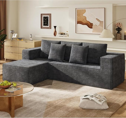 WLIVE 108'' Cloud Sectional Couches for Living Room, Modular Boneless Couch with Right Facing Chaise, L Shape Memory Foam Corduroy, with Cushion, Grey