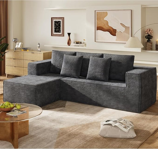 WLIVE 108'' Cloud Sectional Couches for Living Room, Modular Boneless Couch with Right Facing Chaise, L Shape Memory Foam Corduroy, with Cushion, Grey