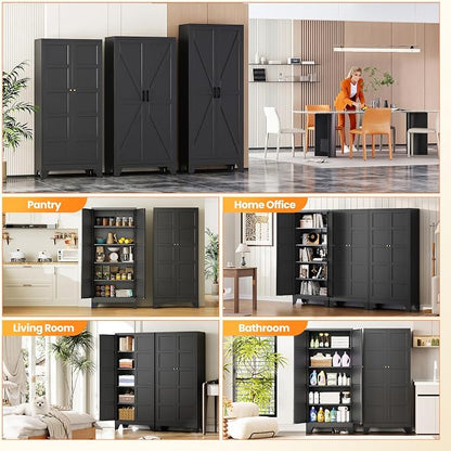 72" Tall Kitchen Cabinet Storage Unit With 2 Doors and 4 Adjustable Shelves, Metal Black Freestanding Cupboard, 5 Tier Kitchen Pantry Storage Cabinet for Kitchen Dining/Living Room/Garage/Home/Office
