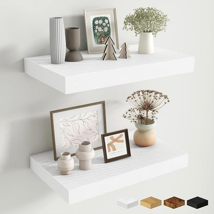 Fun Memories Wood Floating Shelves 16 Inch, 10 Inch Deep Shelves Wall Mount, Wall Shelves with Invisible Bracket, 16" Floating Shelves for Living Room Bathroom Bedroom, White, Set of 2