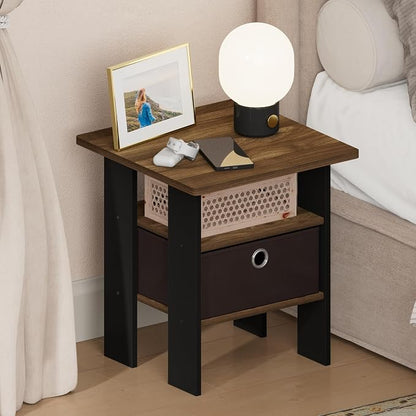 Furinno TIDUR 3-Tier Night Stand, Nightstand with Bin, Columbia Walnut | Open Shelf Design, Bedside Table, End Table, Side Table for Bedroom, Living Room