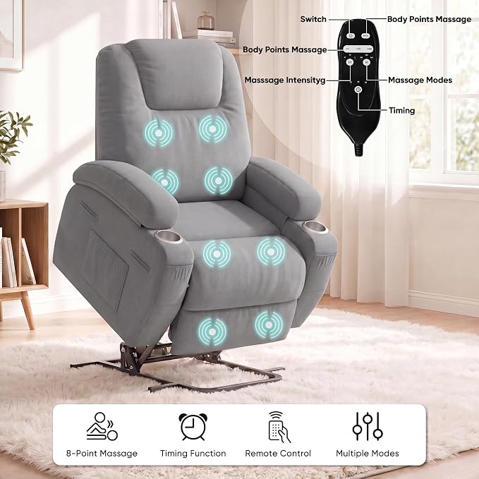 Flamaker Power Lift Chair Massage Recliner Chairs for Elderly - Ergonomic Design with Cup Holders & Side Pockets, Remote Control (Gray)