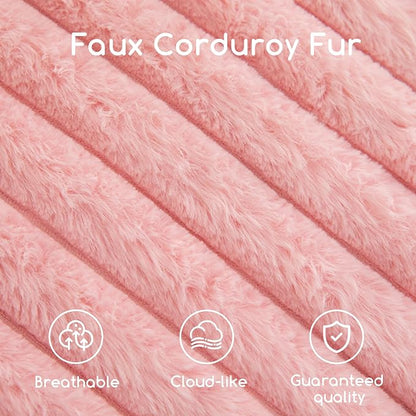 HIGOGOGO Round Stuffed Pouf Ottoman, Stripe Faux Fur Poufs with Foam Chunk Filling, Furry and Fluffy Pouf Foot Stool Storage Ottoman, 26 X 18 Floor Poufs Foot Rest for Living Room, Pink