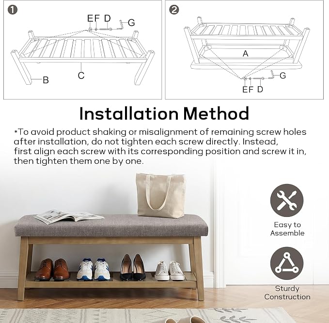 Entryway Bench with Cushion, Upholstered Shoe Rack Bench with Solid Wood Shelf, 44" End of Bed Bench for Bedroom, Chenille Fabric Storage Bench for Entryway, Hallway, Living Room (Grey)