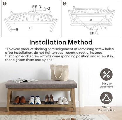Entryway Bench with Cushion, Upholstered Shoe Rack Bench with Solid Wood Shelf, 44" End of Bed Bench for Bedroom, Chenille Fabric Storage Bench for Entryway, Hallway, Living Room (Grey)