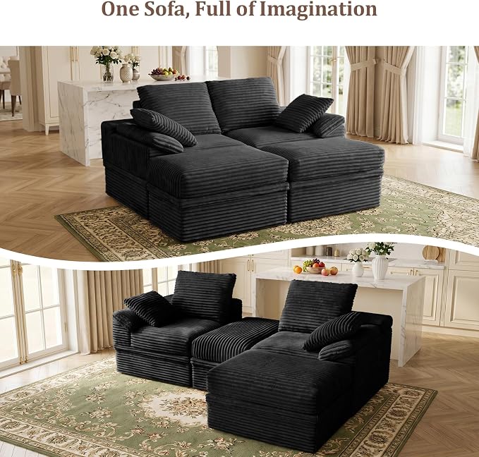 71" Modular Loveseat Sofa with Storage, 2-Seater Boneless Couch with Ottoman, 48" Deep Seat Corduroy Cloud Couch for Small Spaces Apartment, Tool-Free Assembly, Black