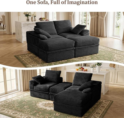 71" Modular Loveseat Sofa with Storage, 2-Seater Boneless Couch with Ottoman, 48" Deep Seat Corduroy Cloud Couch for Small Spaces Apartment, Tool-Free Assembly, Black