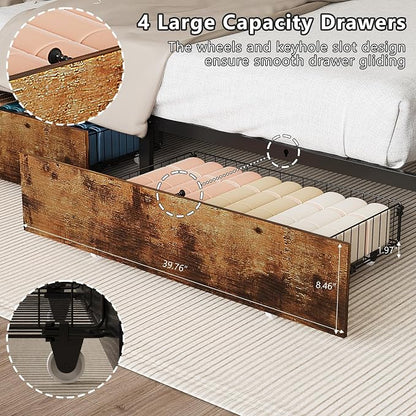 VINGLI King Bed Frame with 4 Storage Drawers and Adjustable Headboard Shelf, Metal Platform Captain Bed with Charging Station and RGB LED Lights, No Box Spring Needed, Noise Free, Wash Vintage Brown