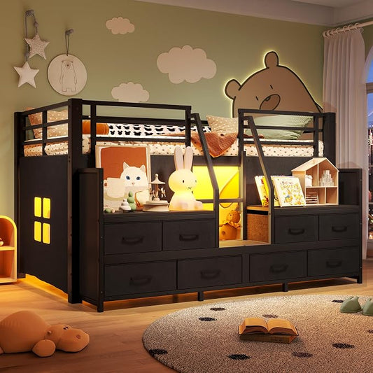 Bellemave Twin Size Loft Bed with 8 Non-Woven Fabric Storage Drawers and Bookshelf, Low Loft Bed with Lights and Private Play Curtain, Twin Loft Beds with High Rails, Noise Reduced Black
