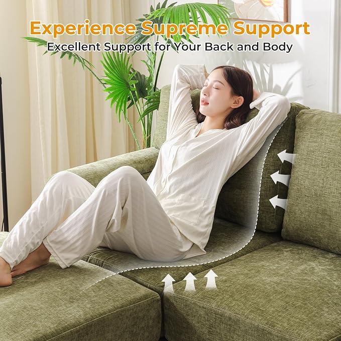 Rexulqo 85'' L Shaped Couch with Armrest Organizer,Comfy 3 Seats Sofa with Storage Ottoman,Chenille Sectional Couches for Living Room,Bedroom,Apartment,Sofa Set with Oversized Chair,Green