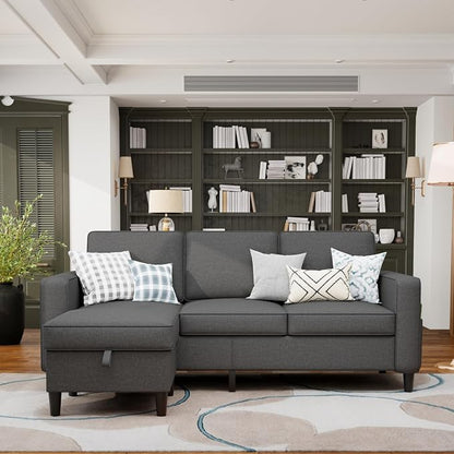 78" Sectional Sofa Couches for Living Room, 3 Seat L Shaped Convertible Couch with Storage Ottoman, Comfortable Pet-Friendly Linen Fabric Sofa Set for Small Space, Apartment, Office, Dark Grey