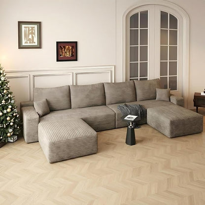 138" Oversized U Shaped Cloud Boneless Sofa Couch with Reversible Ottomans, Plush Corduroy Modular Sectional Sofa with Deep Seat, Compressed Couch for Living Room, No Assembly Required