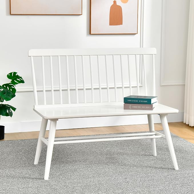 DUHOME Entryway Dining Bench with Spindle Back Farmhouse Wood Windsor Bench for Foyer Balcony Living Room White