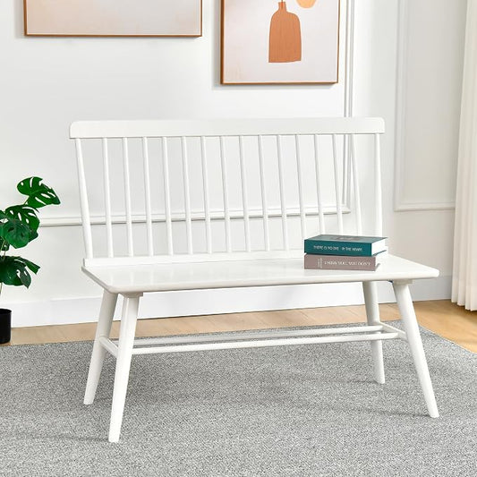 DUHOME Entryway Dining Bench with Spindle Back Farmhouse Wood Windsor Bench for Foyer Balcony Living Room White