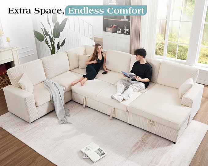 VanAcc 130" Sofa Bed, Sectional Sleeper Sofa with Pull Out Bed, Sleeper Couch with Storage, 6 Seater Couch for Living Room, Corduroy Off-White