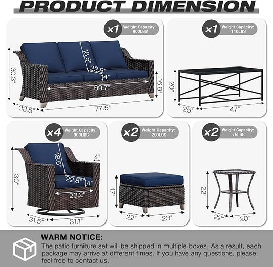 Joyside Wicker Patio Furniture Sets, 10 Pieces Upgraded Large Size Outdoor Furniture with 4 Swivel Rocking Patio Chairs, 3-Seat Sofa, Outdoor Ottoman, Thick Cushions, Wide Armrest, Blue