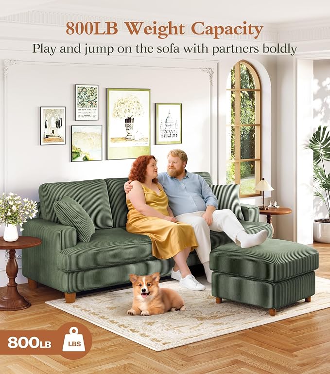 Kidirect 87in L Shaped Couch, Modular Sofa No Tool Assembly, Comfy Sectional Couches for Living Room 21" Deeper Seats, Corduroy Sofas for Living Room &2 Pillows, Loveseat Sofa Set, Oliver Green Couch