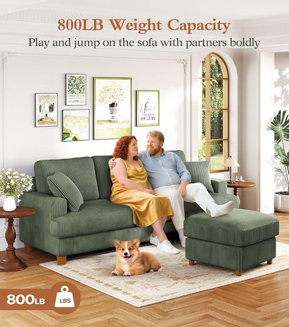 Kidirect 87in L Shaped Couch, Modular Sofa No Tool Assembly, Comfy Sectional Couches for Living Room 21" Deeper Seats, Corduroy Sofas for Living Room &2 Pillows, Loveseat Sofa Set, Oliver Green Couch