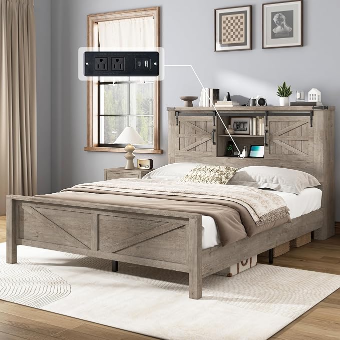 AMERLIFE 4 Pieces Farmhouse Bedroom Set, Includes Queen Size Bookcase Headboard Bed Frame, 5 Drawer Tall Dresser, 47'' Dresser with 4 Drawers, 60" Dresser with 4 Drawers, Light Rustic Oak