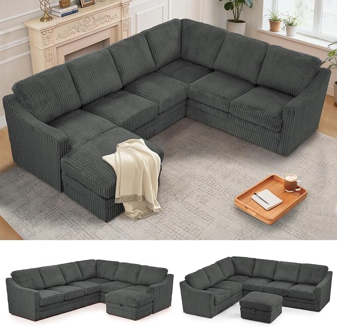 115" Corduroy Sectional Sofa with Storage Ottoman, Modern 7 Seats Corner Couch with Deep Seats, Comfy Modular U Shaped Couch with Comfortable Cushions for Living Room, Grey