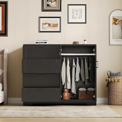 GarveeHome Multifunctional Wooden Dresser for Bedroom, 43.3 in H 2 Door Wardrobe Armoire Closet with 4 Drawers and Hanging Rod, Low Storage Cabinet for Hanging Cloth, Black