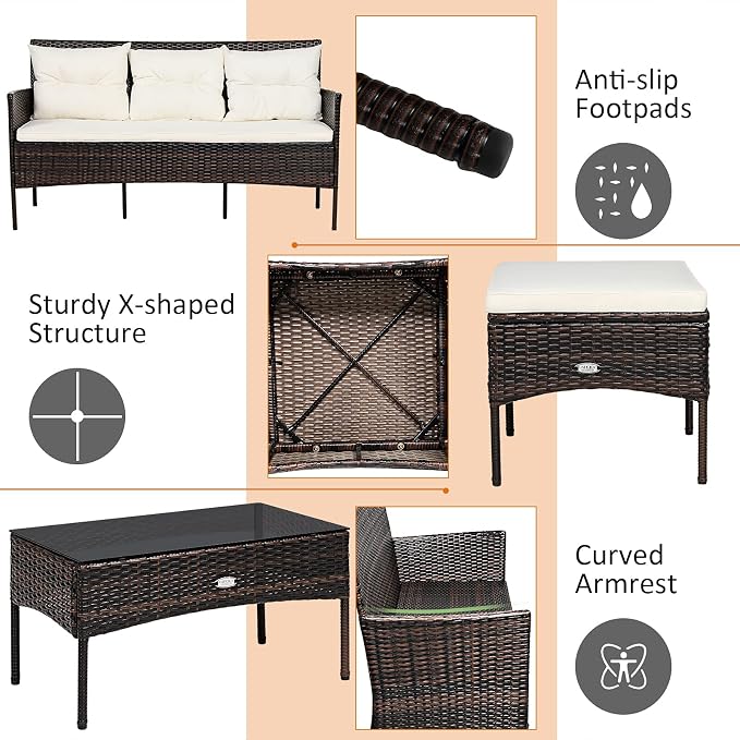 Tangkula 3 Pieces Patio Conversation Set, Outdoor PE Rattan Wicker Furniture Set W/Cozy Cushions, All Weather Sectional Sofa Set W/Tempered Glass Coffee Table for Poolside, Backyard, Garden