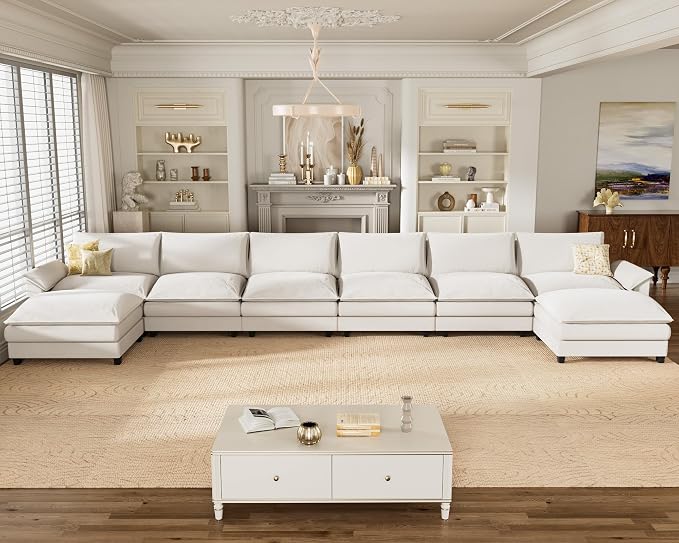 Homall 232" Modular Sectional Sofa, Oversized Sofa Couch with Reversible Ottoman, DIY Combination Chenille Deep 6-Seat Cloud Couch for Living Room, Apartment (White, Oversized Sofa)