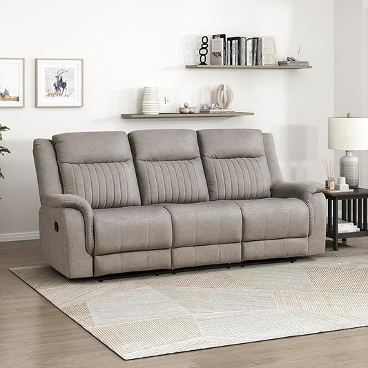 Lexicon Manual Double Reclining Sofa, Polished Microfiber Upholstered 3 Seater Manual Sofa Recliner for Living Room, Wall Hugger, Easy Assembly, Dove