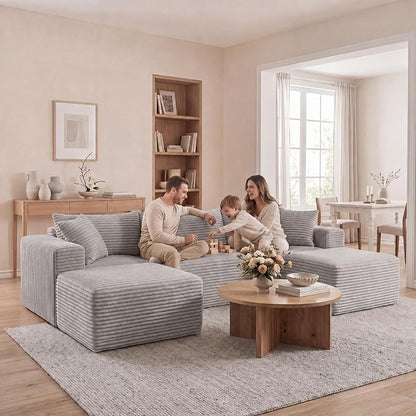 Claiks 94" Boneless Couch, Cloud Couch Sectional, U-Shape Corduroy Modular Sectional Sofa Deep Seat, Upholstered Couches for Living Room, No Assembly Required, Light Grey