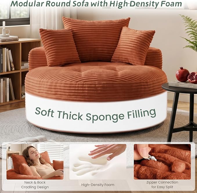 Oversized Round Chaise Lounge Chair, Deep Seat Cloud Boneless Floor Sofa Couch, Upholstered Corduroy Sleeper with 3 Pillows & Optional Ottoman, No Assembly Modern Lazy Floor Lounger for Living Room
