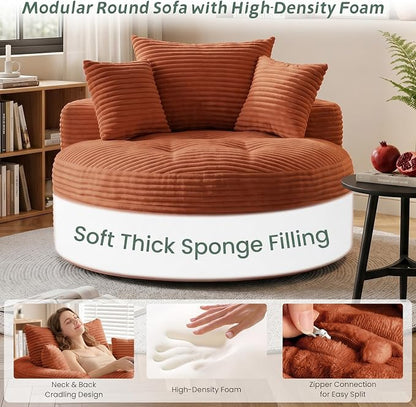 Oversized Round Chaise Lounge Chair, Deep Seat Cloud Boneless Floor Sofa Couch, Upholstered Corduroy Sleeper with 3 Pillows & Optional Ottoman, No Assembly Modern Lazy Floor Lounger for Living Room