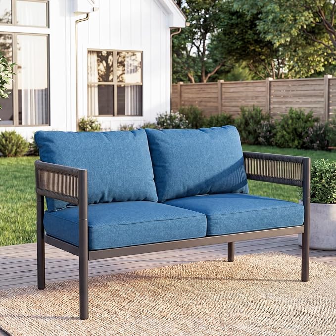 Gand Patio Outdoor Loveseat, Wicker Conversation Set with Thick Cushion for Porch, Garden, Yard, Peacock Blue
