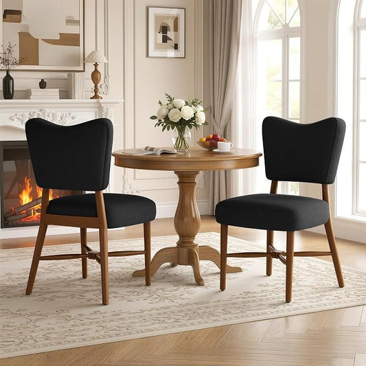 Farmhouse Dining Chairs Set of 2, Linen Seat, Wood Legs, Black | Mid Century Modern, Upholstered Padded Cushion, Solid Wood Cross-Brace, Easy 15-Min Assembly, Kitchen Dining Room