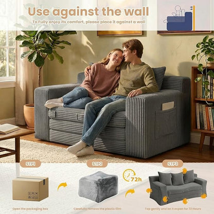 Boneless Loveseat Sofa Bed, Tri-Folding Convertible Futon Sleeper with Handle & Side Pockets, 54'' Boneless Couch with Hook and Loop No Assembly for Small Space,Living Room & Bedroom