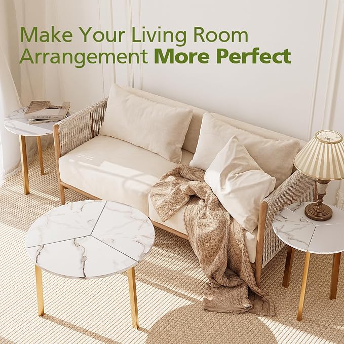 COSIEST Small Coffee Table Set of 2, Round Coffee Table with Sturdy Metal Base, Nesting Coffee Table for Living Room, Bedroom, Office (White & Gold)