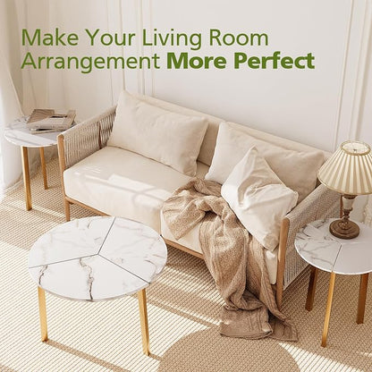 COSIEST Small Coffee Table Set of 2, Round Coffee Table with Sturdy Metal Base, Nesting Coffee Table for Living Room, Bedroom, Office (White & Gold)