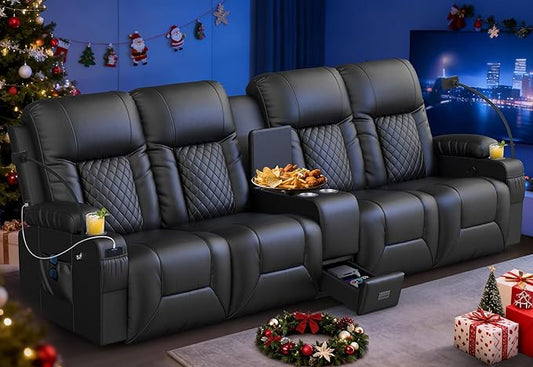 Recliner Sofa, Home Theater Seating with Center Console, 4 Seat Reclining Couch with USB Ports & Phone Holders, Wall Hugger RV Sofa Furniture Loveseat Recliner Couch with Storage & Pocket