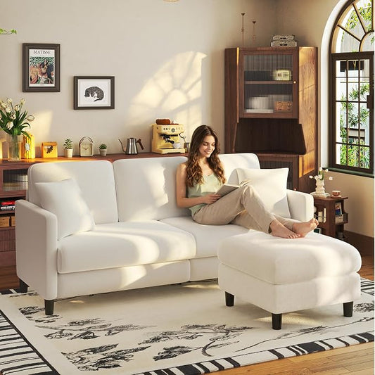 Welzona 83" Couches for Living Room, Teddy Sofa Couch with Storage Ottoman, L Shaped Couch with Movable Ottoman, Tool-Free Modular Sectional Sofa, All-Wood Sofas for Living Room 2 Pillows, Beige