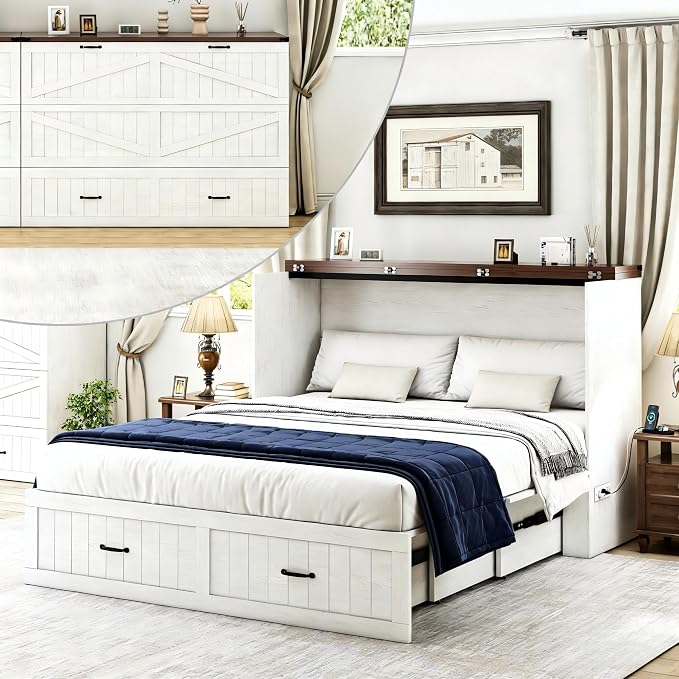 Full Murphy Bed with Charging Station, Farmhouse Noisy-Free Foldable Cabinet Bed Frame with Storage Drawer, Space Saving Hideaway Wall Bed for Guest Bedroom, Living Room, Office, White