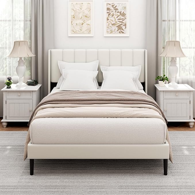 Sismplly Queen Size Bed Frame and Headboard,Vertical Channel Tufted Wingback No Box Spring Needed, Mattress Foundation, Easy Assembly White