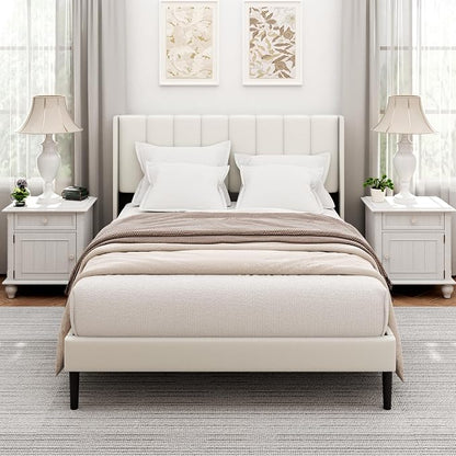 Sismplly Queen Size Bed Frame and Headboard,Vertical Channel Tufted Wingback No Box Spring Needed, Mattress Foundation, Easy Assembly White
