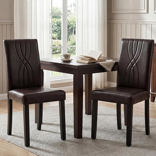 LSSBOUGHT Modern Dining Chair Set of 2,Urban Style Leather Kicthen Chairs with Solid Wood Legs for Dining Room and Restaurant (Brown-Quilted backrest)