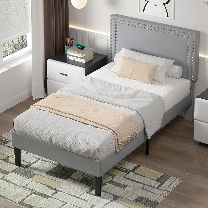 VECELO Twin Size Platform Bed Frame with Height Adjustable Upholstered Headboard, Modern Mattress Foundation,Strong Wood Slat Support, No Box Spring Needed, Easy Assembly,Light Grey