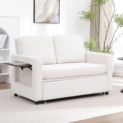 3 in 1 Folding Convertible Sleeper Sofa Bed Pull Out Couch with Side Pockets USB Port Side Table Loveseat Sofa Bed with Adjustable Backrest for Living Room Bedroom 66" Beige 2 SEAT