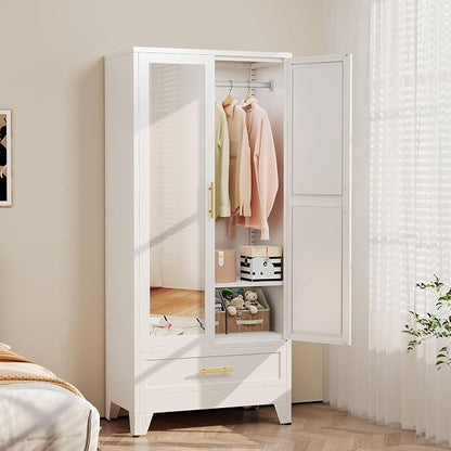 Ckzbx 71" H Metal Armoire Wardrobe Closet with Mirror, Adjustable Shelve, Clothes Metal Wardrobe Cabinet for Bedroom (1 Drawer, White)