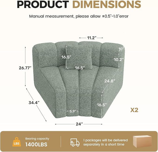 Nebuaegis 2PCS 1/8 Round Curved Sofa, 2 Seater Modular Velvet Couch, Modern Boneless Sectional Couches for Living Room, No Assembly Required,Light Green