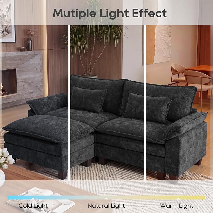 URRED Oversized Modular Sectional Sofa, 87" L Shaped Modern Comfy Cloud Couch with Movable Ottoman & Pillows, Deep Seat Couches for Living Room, Bedroom or Apartment (Chenille Black, 87" L Shaped)