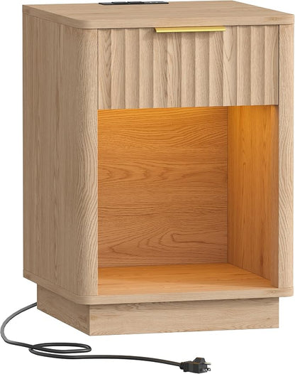Akxomel Fluted Nightstand, Wooden Night Stand with Charging Station and LED Light, Modern Mid Century End Table with Drawer, 15" D x 15.7" W x 22.6" H, for Bedroom, Natural Oak